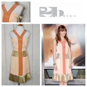2b Rych Colorblock Halter Dress Gold Pleated‎ Hem Sparkle Sz S